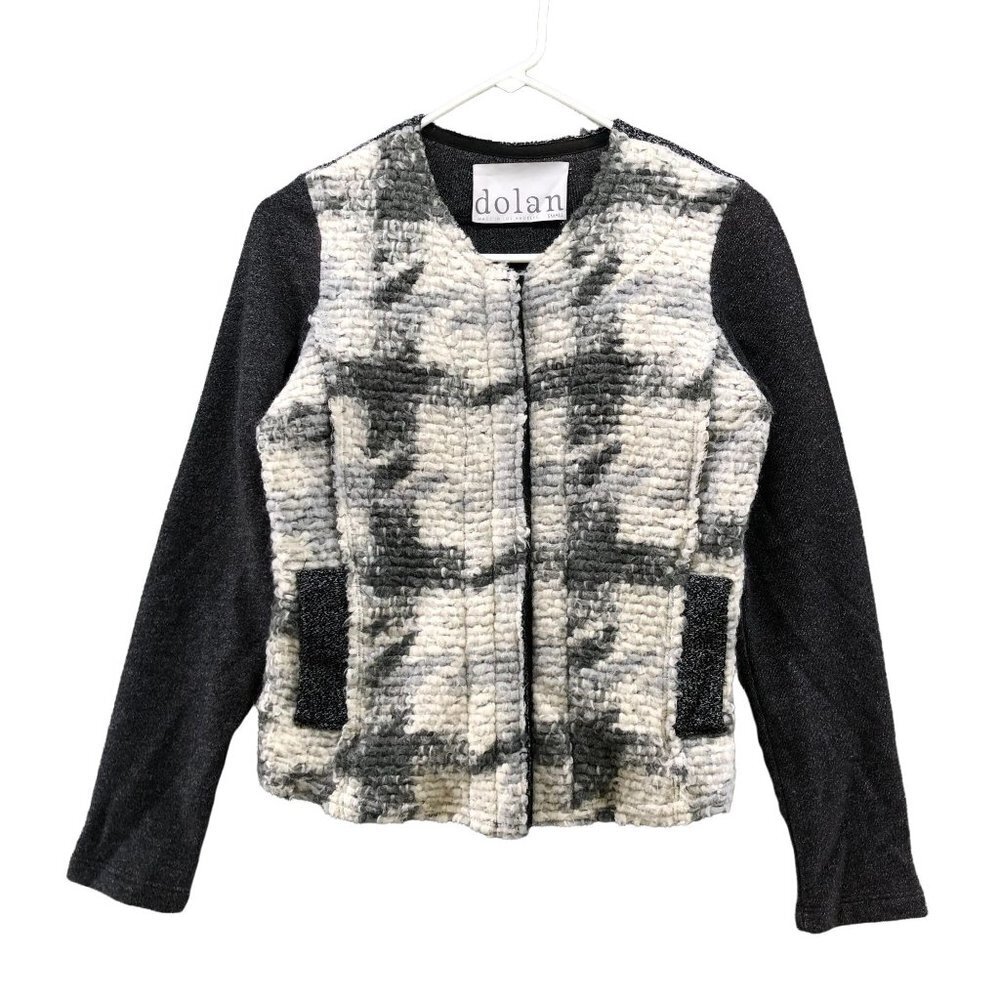 Anthropologie Dolan Tweed Jacket Womens S Zip Up Black Ivory Plaid Wool Blend